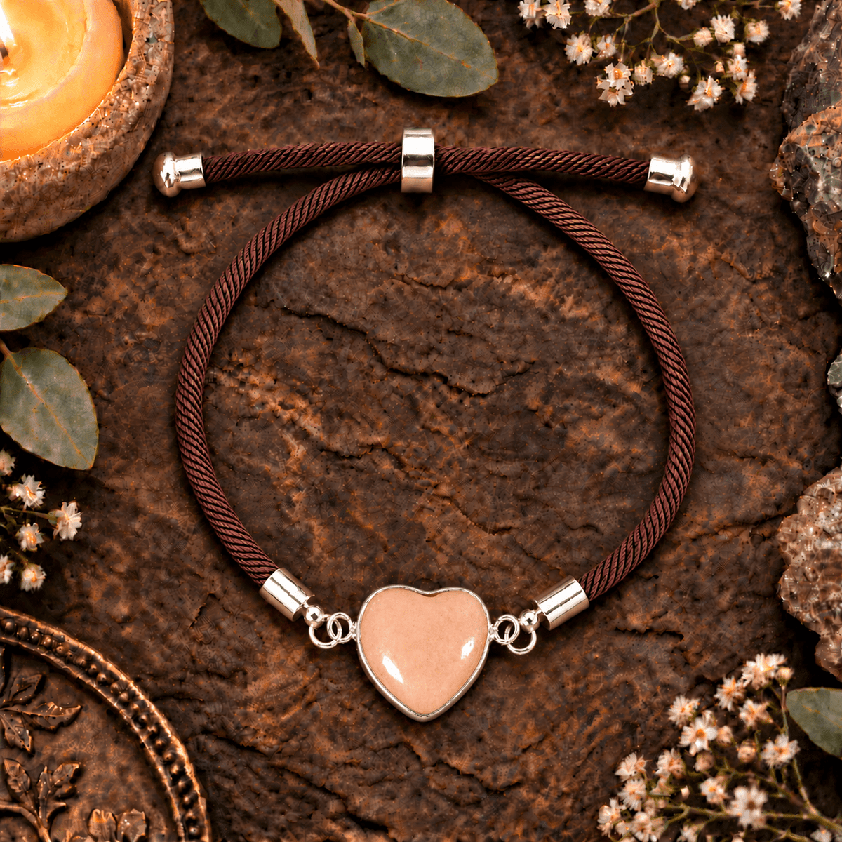 Adjustable Peach Aventurine Heart Bracelet / Silver