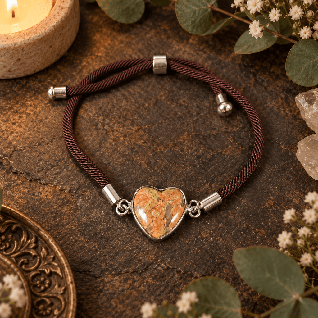 Adjustable Unakite Heart Bracelet / Silver