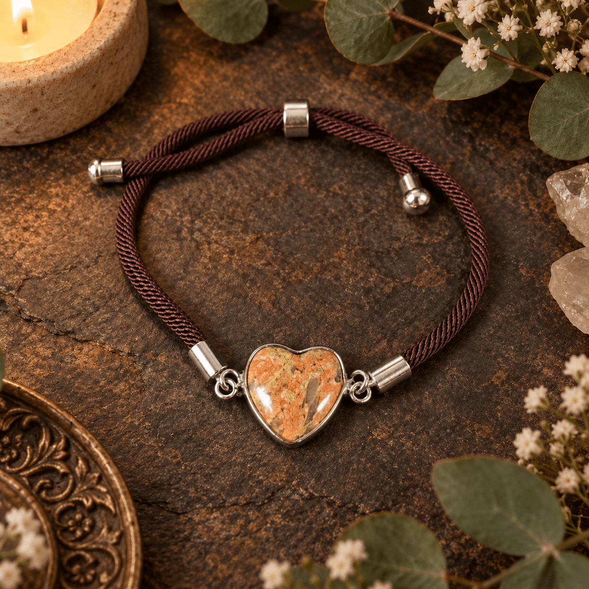 Adjustable Unakite Heart Bracelet / Silver