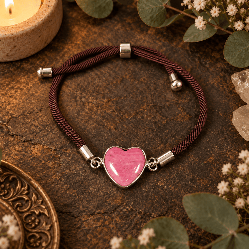 Adjustable Rhodonite Heart Bracelet / Silver