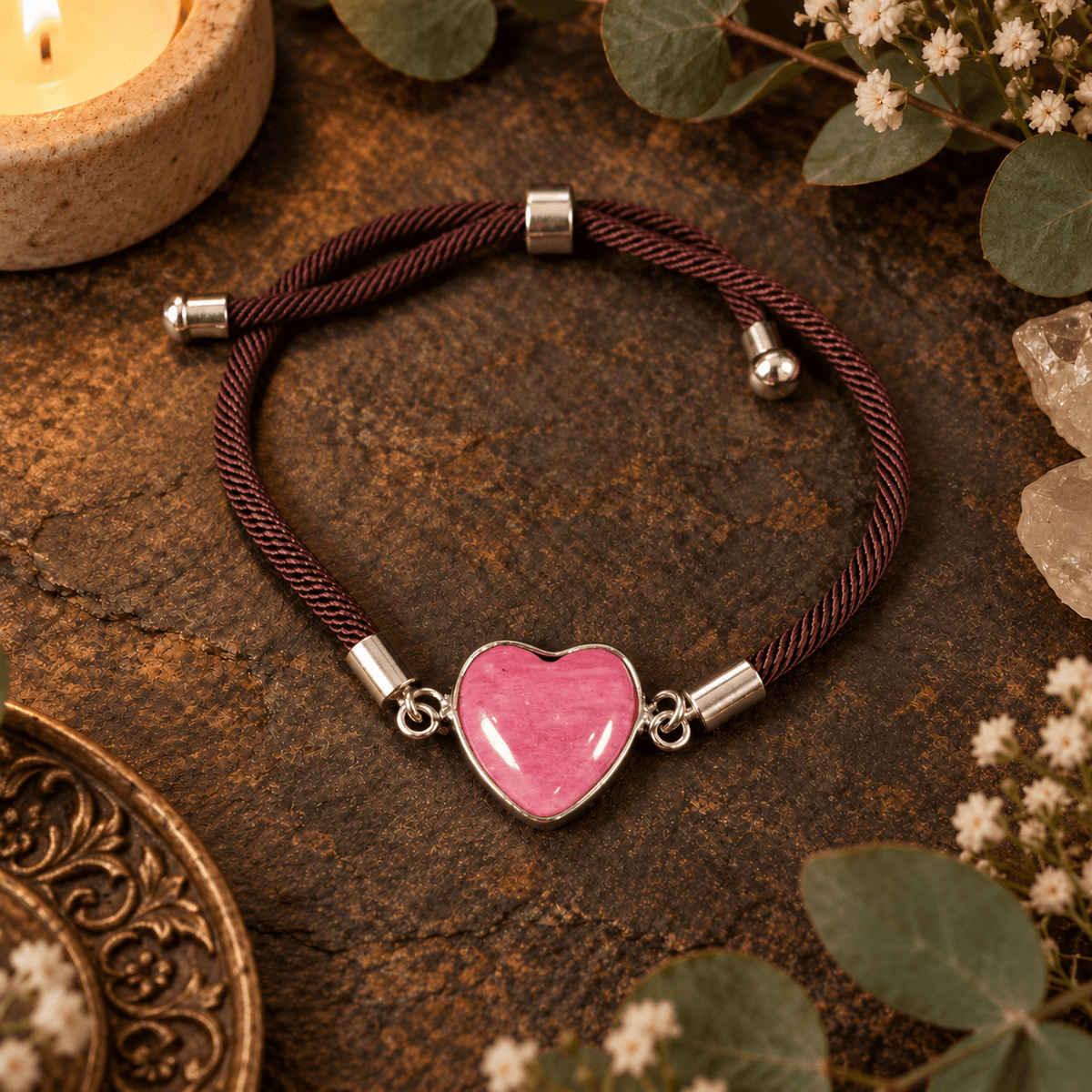 Adjustable Rhodonite Heart Bracelet / Silver