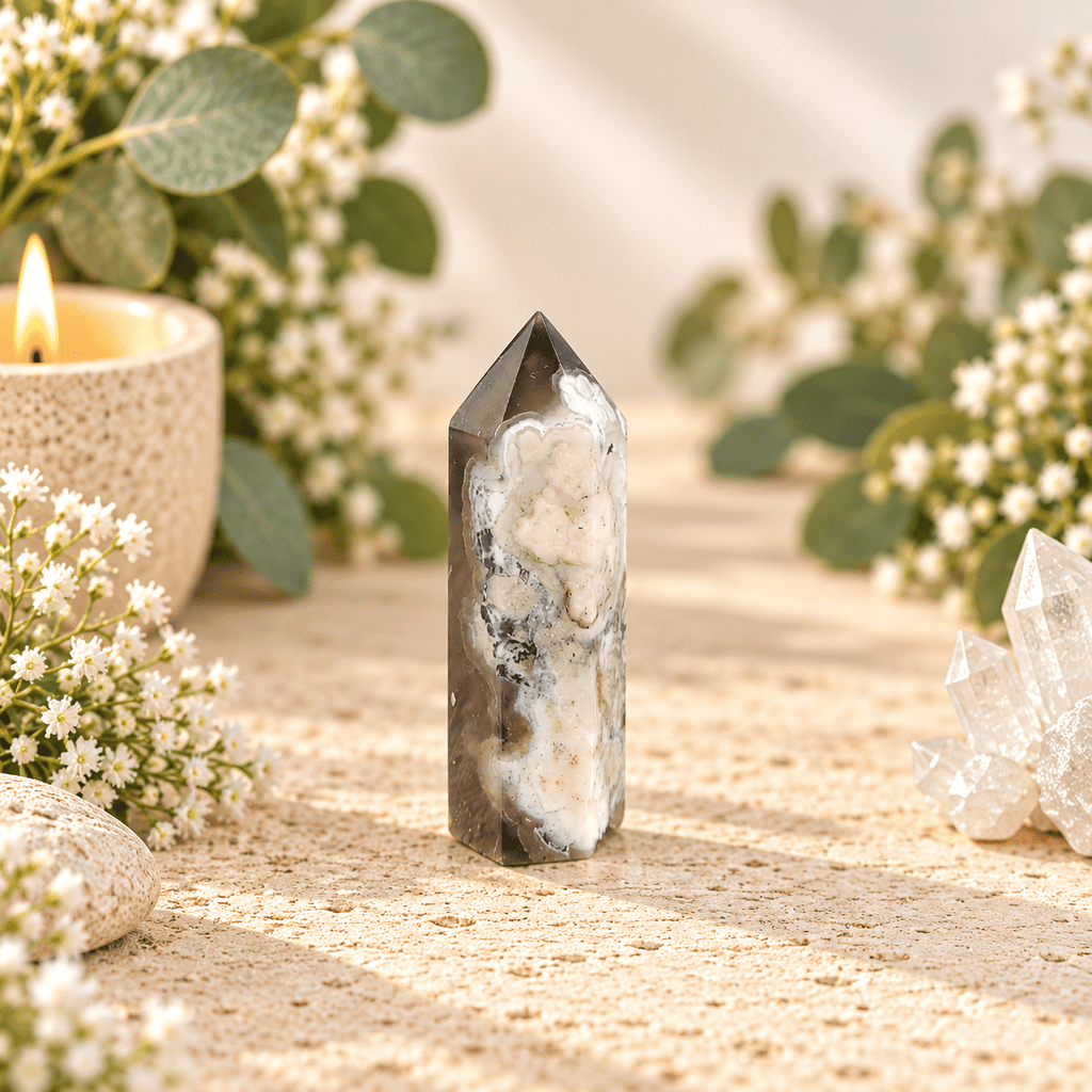 54g Black Flower Agate Tower