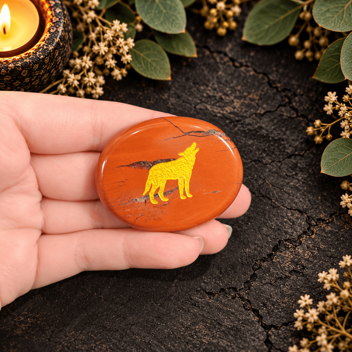 Gold Wolf on Red Jasper Palm