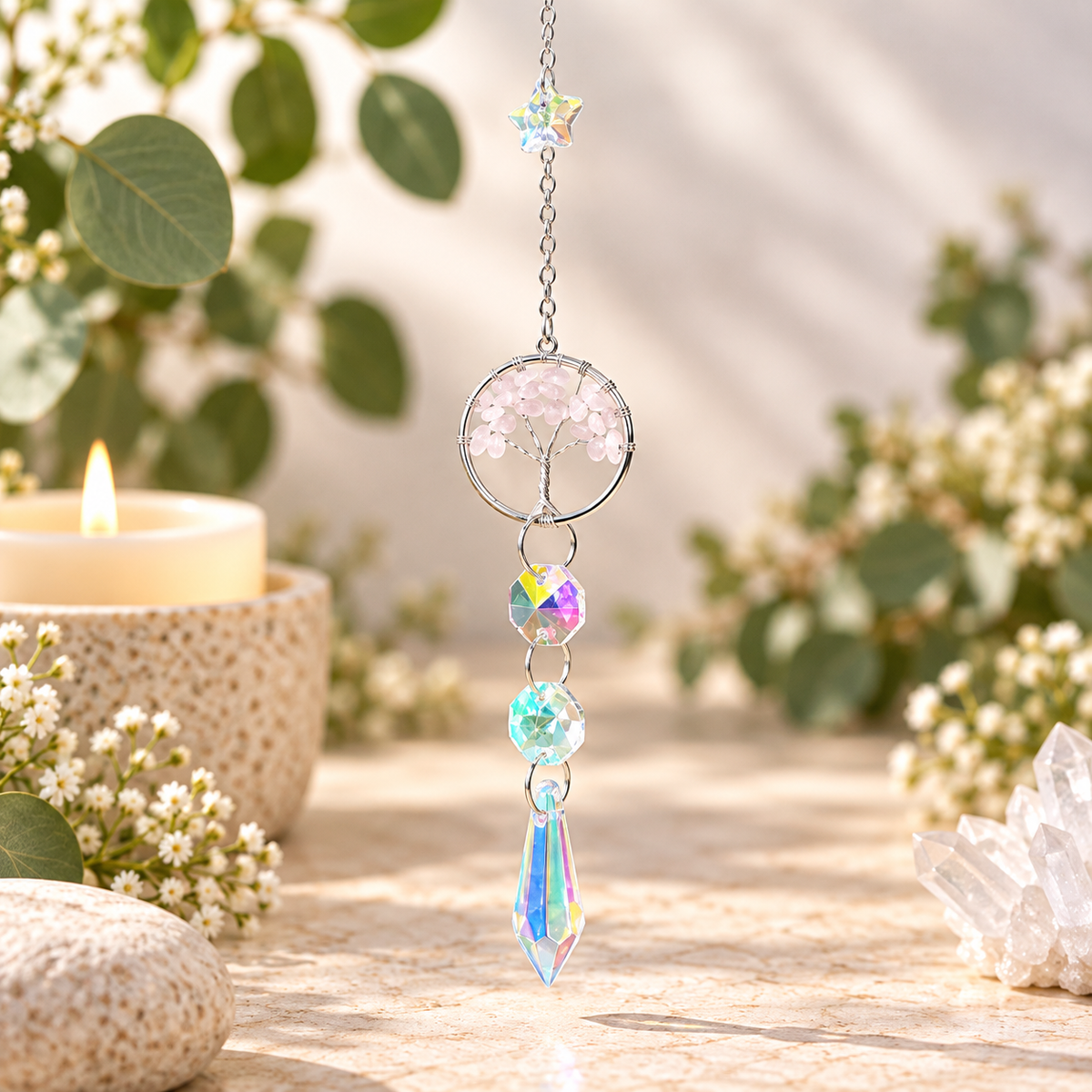 Rose Quartz Tree of Life Suncatcher