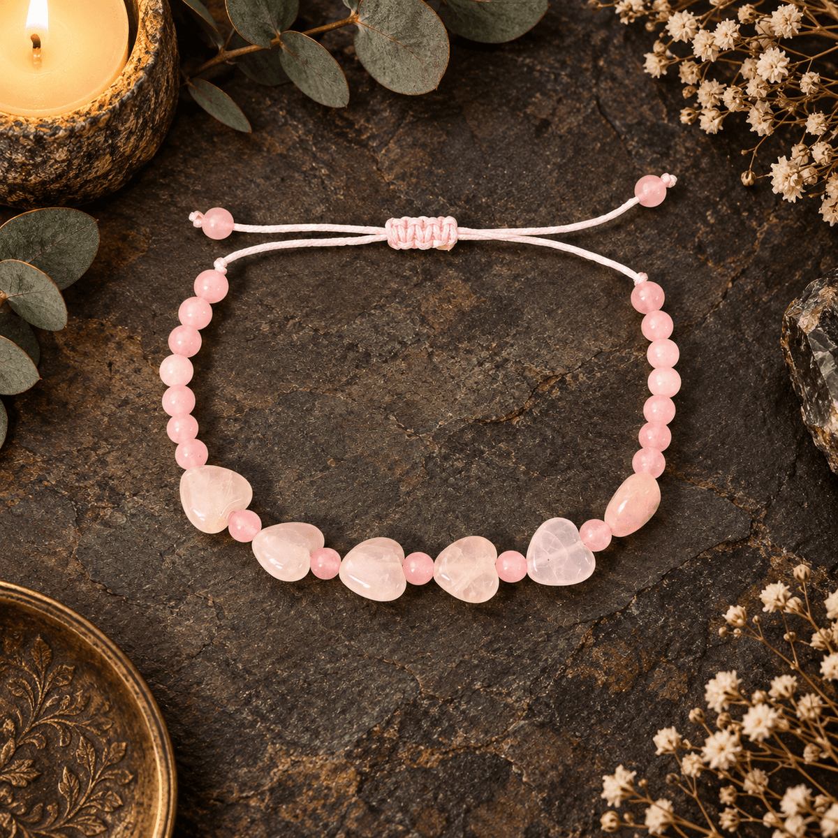 Adjustable Rose Quartz Hearts Bracelet