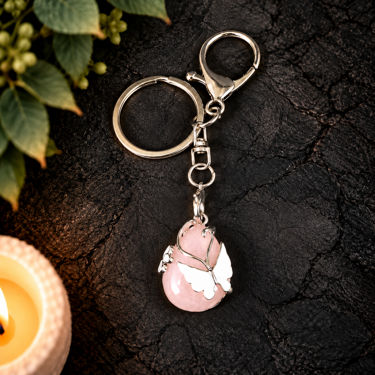 Rose Quartz Butterfly Teardrop Gemstone Keyring