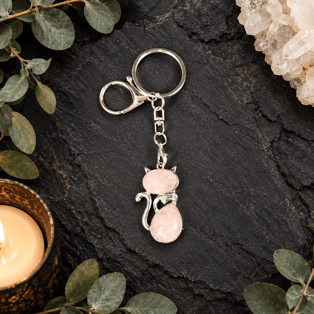 Rose Quartz Cat Gemstone Keyring