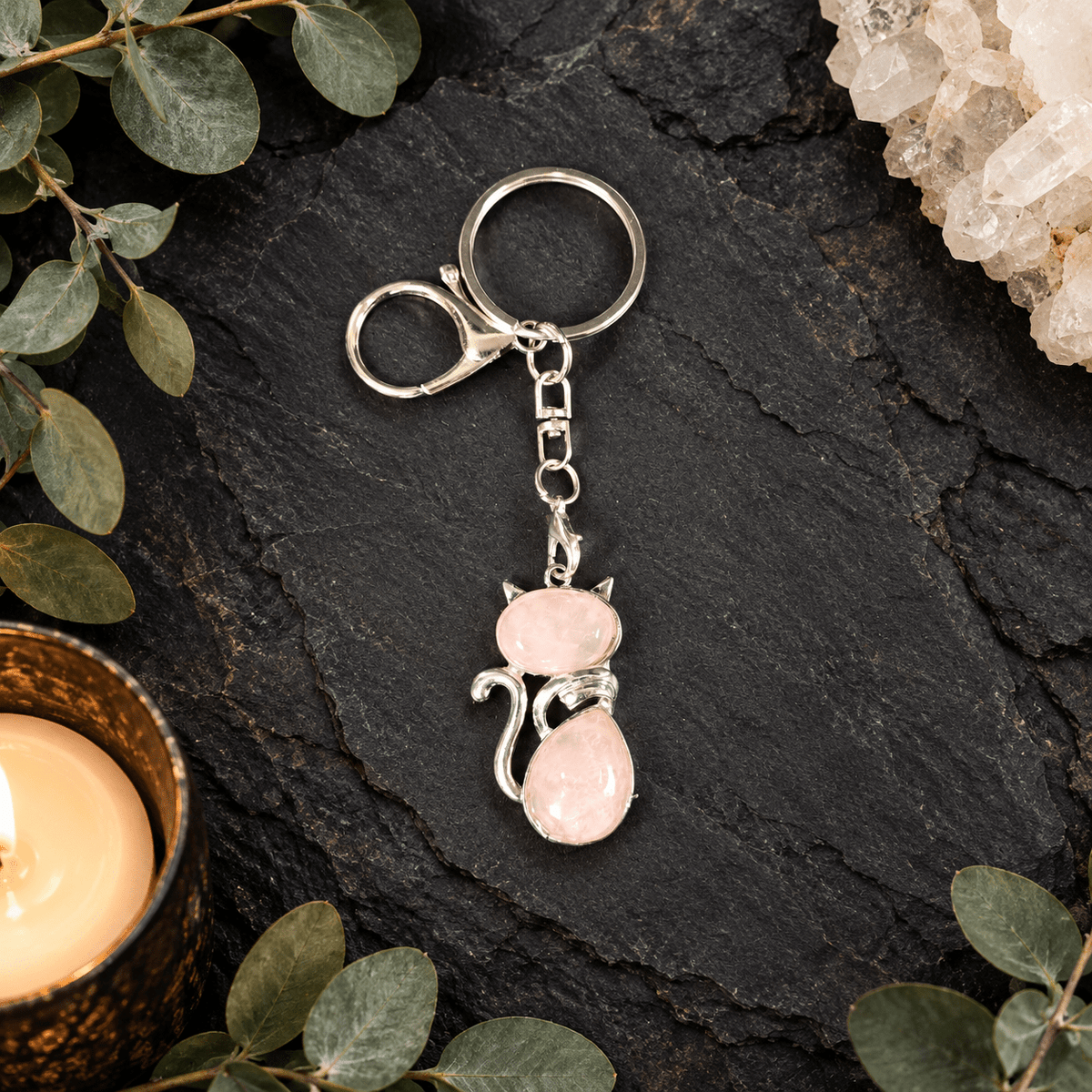 Rose Quartz Cat Gemstone Keyring