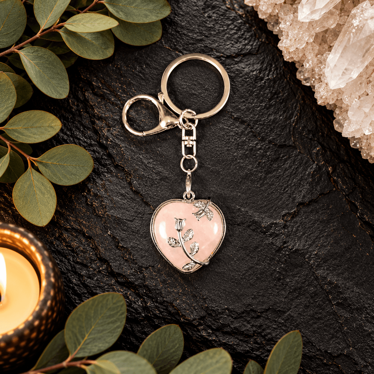 Rose Quartz Heart Gemstone Keyring