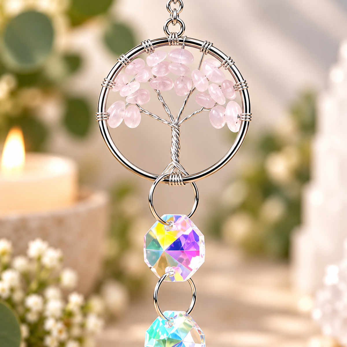 Rose Quartz Tree of Life Suncatcher