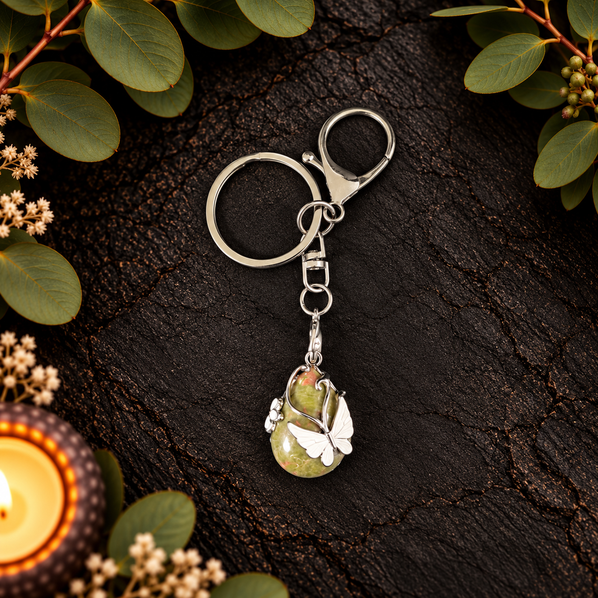 Unakite Butterfly Teardrop Gemstone Keyring