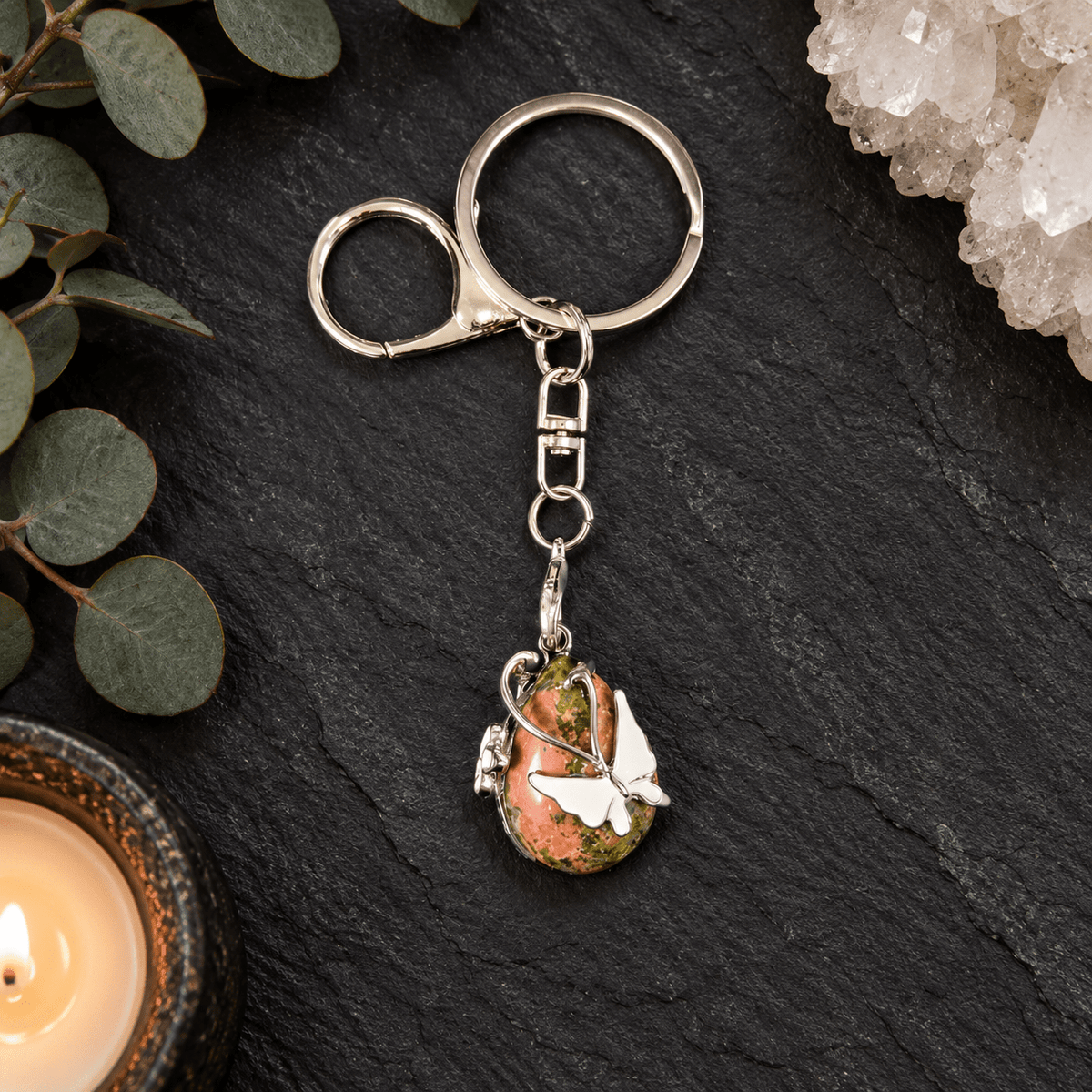 Unakite Butterfly Teardrop Gemstone Keyring