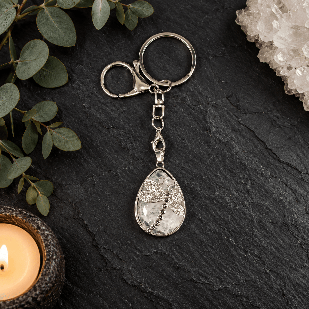 Clear Quartz Dragonfly Gemstone Keyring