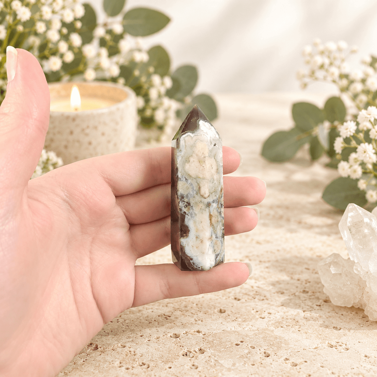 54g Black Flower Agate Tower
