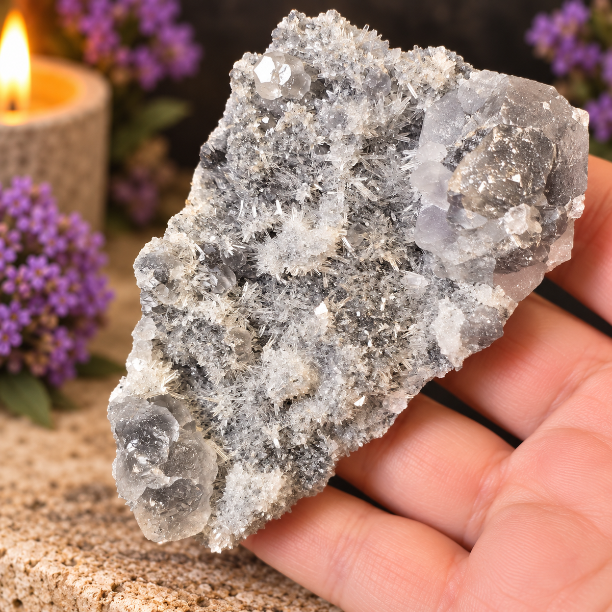 Needle Quartz Cluster with Calcite Specimen (Fujian Province, China)