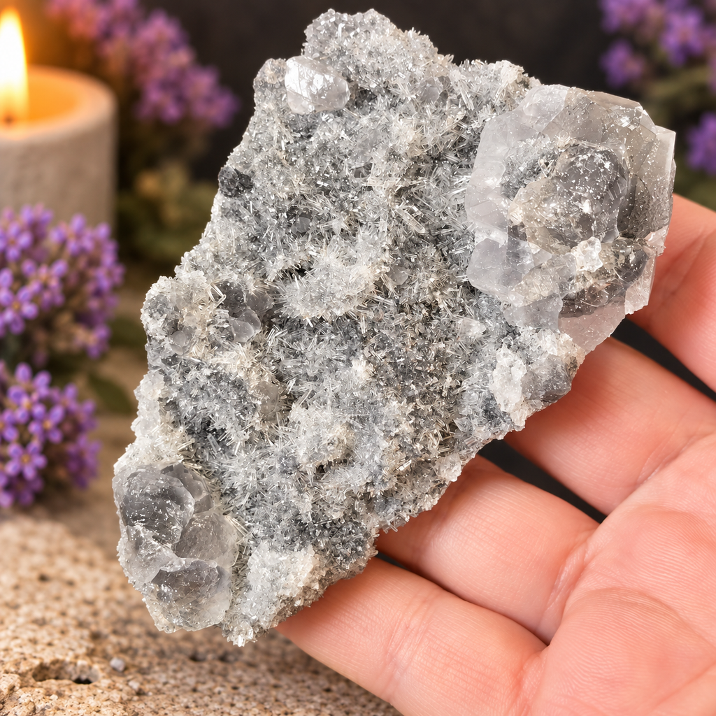 Needle Quartz Cluster with Calcite Specimen (Fujian Province, China)