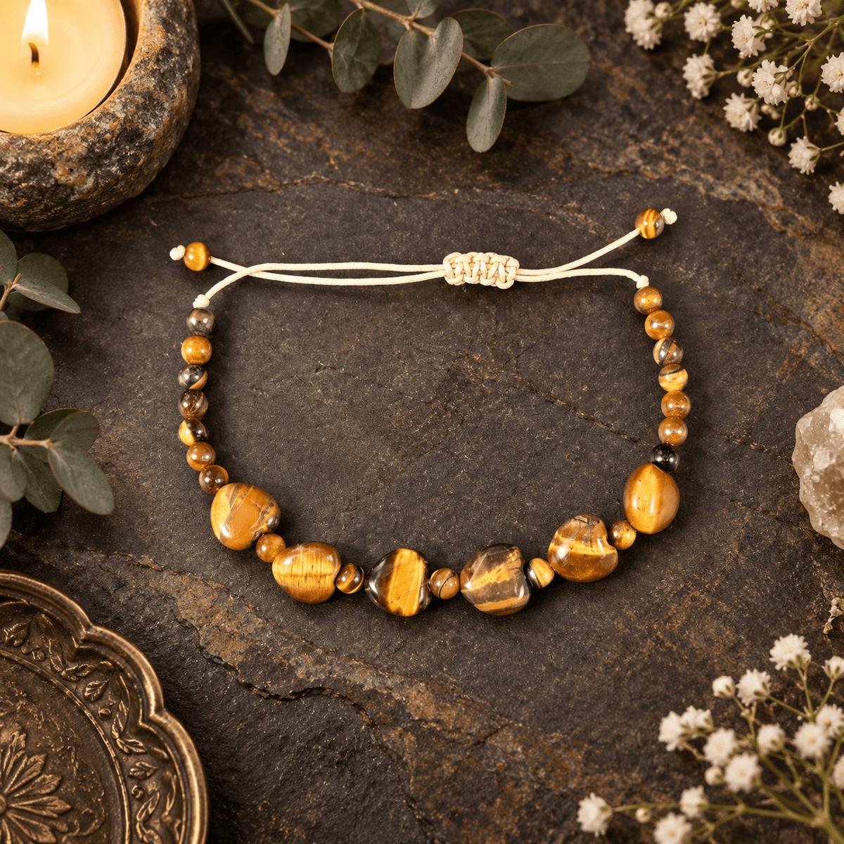 Adjustable Tiger Eye Hearts Bracelet