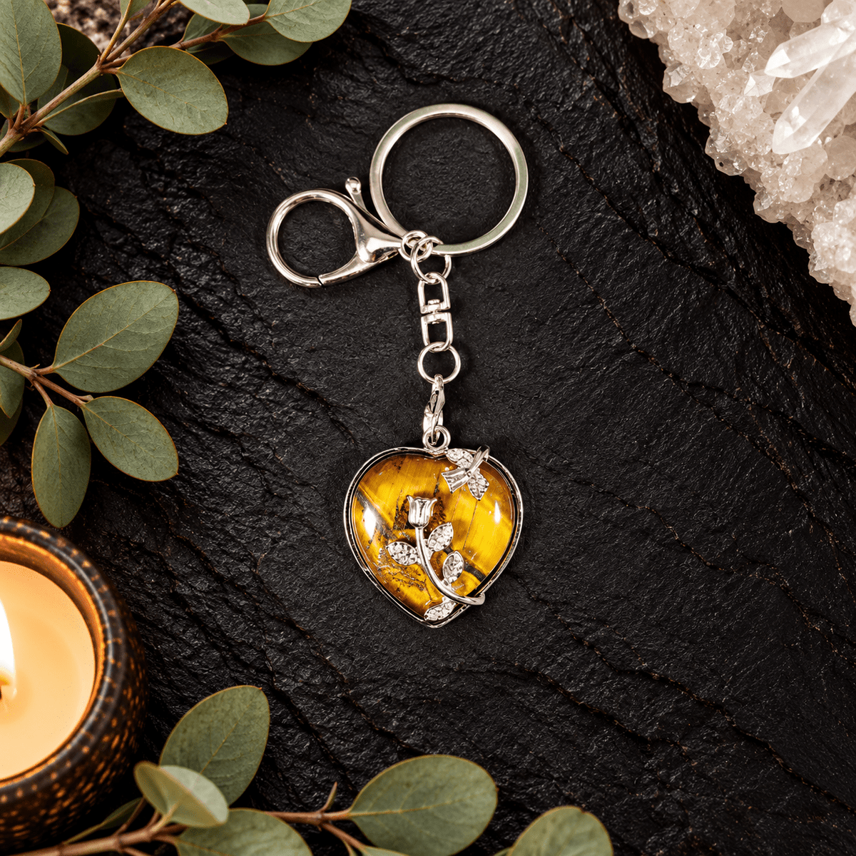 Tiger Eye Heart Gemstone Keyring