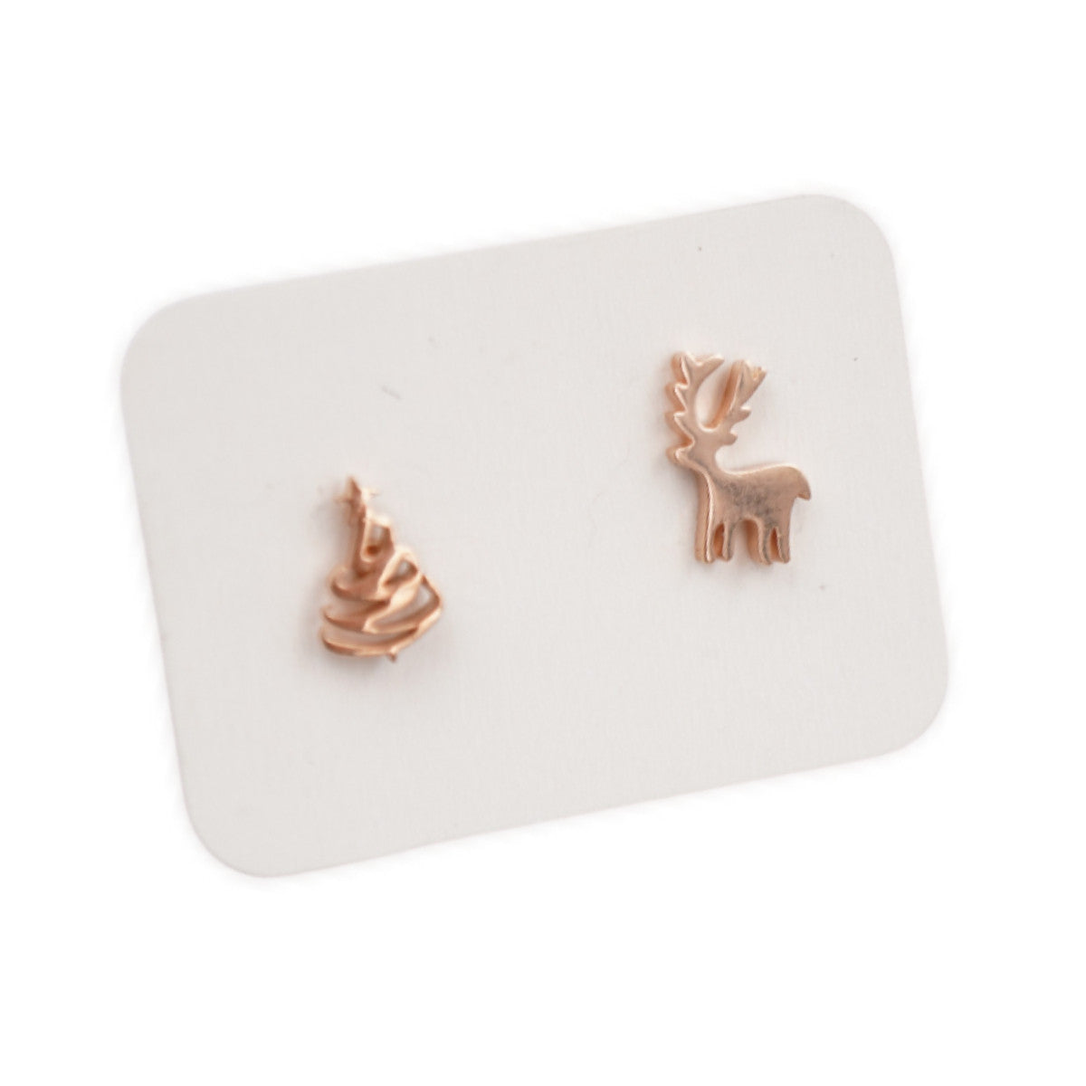 Rose Gold Plated Stainless Steel Stud Earrings - Reindeer & Christmas Tree