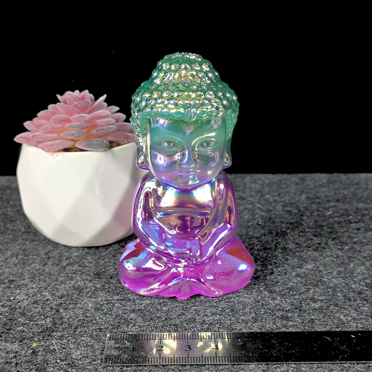 Aura Coated Selenite Buddha - Green/Purple