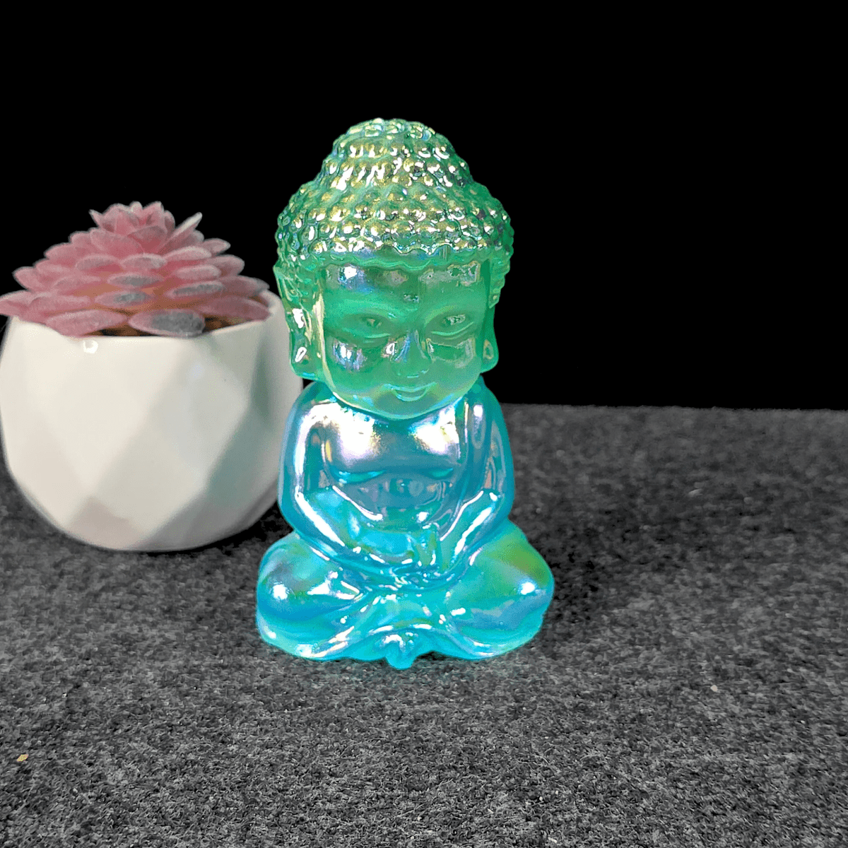 Aura Coated Selenite Buddha - Green/Blue