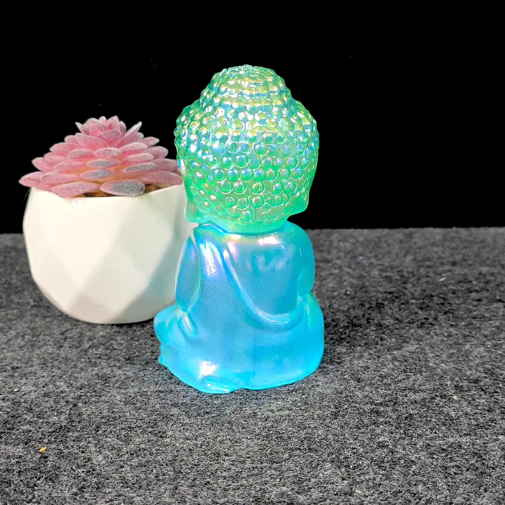 Aura Coated Selenite Buddha - Green/Blue