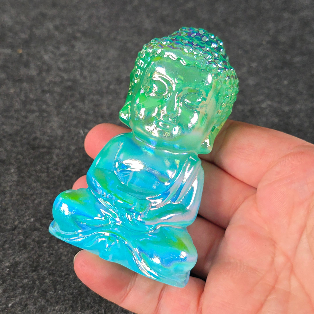 Aura Coated Selenite Buddha - Green/Blue