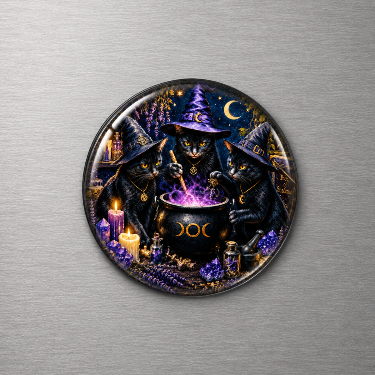 Black Cats with Cauldron 4cm Glass Magnet