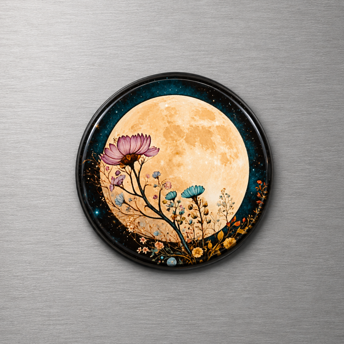 Moon with Flowers 4cm Glass Magnet