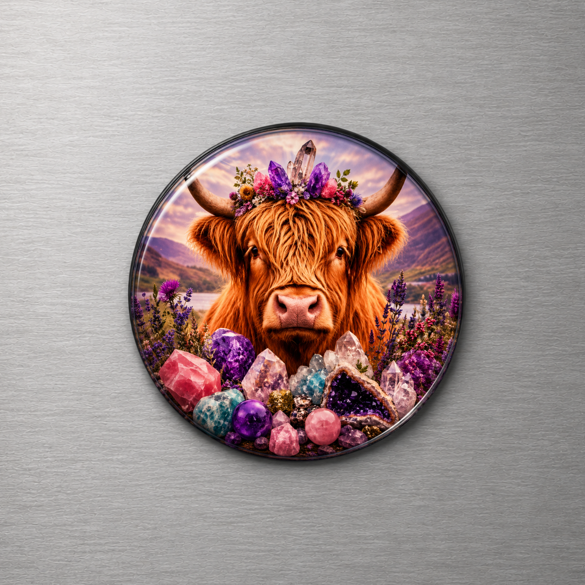 Highland Cow with Crystals 4cm Glass Magnet