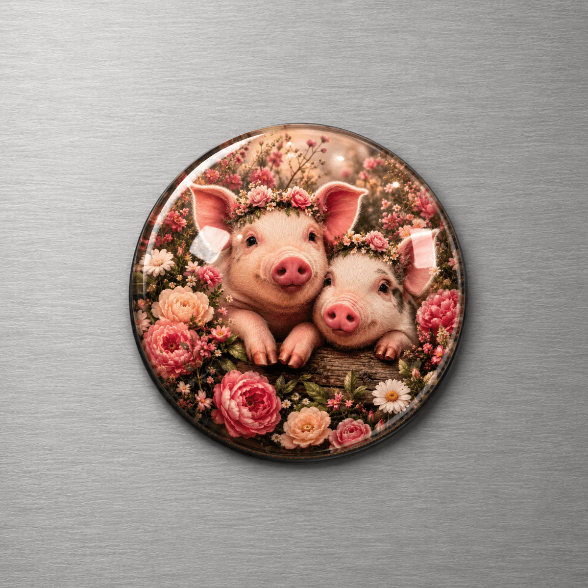 Pigs with Flowers 4cm Glass Magnet