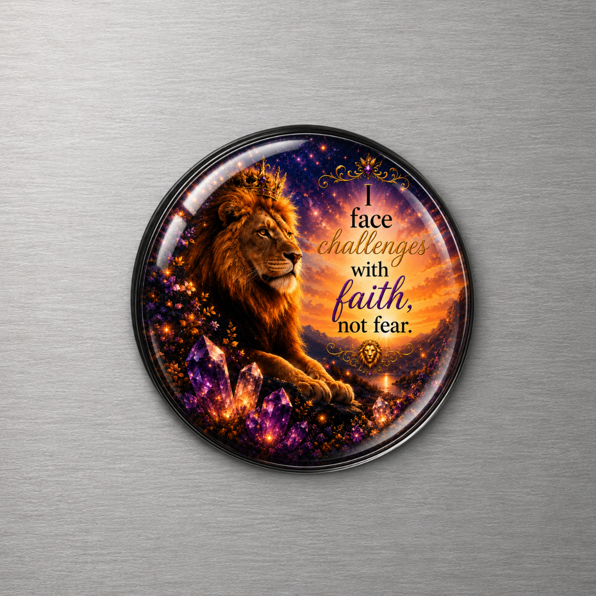 I Face Challenges with Faith, Not Fear Lion 4cm Glass Magnet
