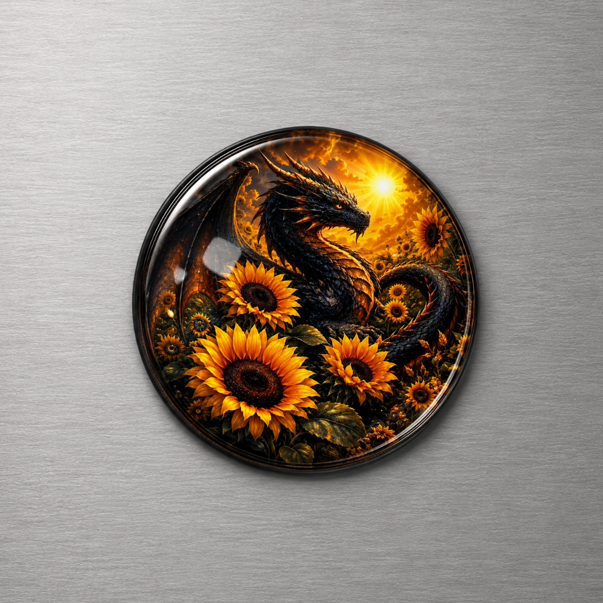 Dragon in Sunflowers 4cm Glass Magnet