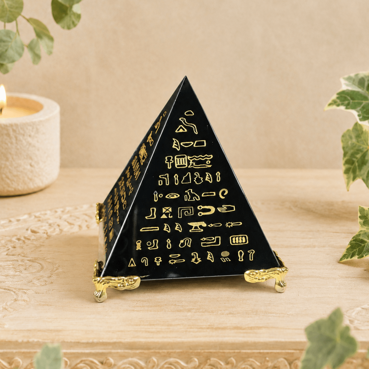 8cm Medium Gold Egyptian Print on Obsidian Pyramid