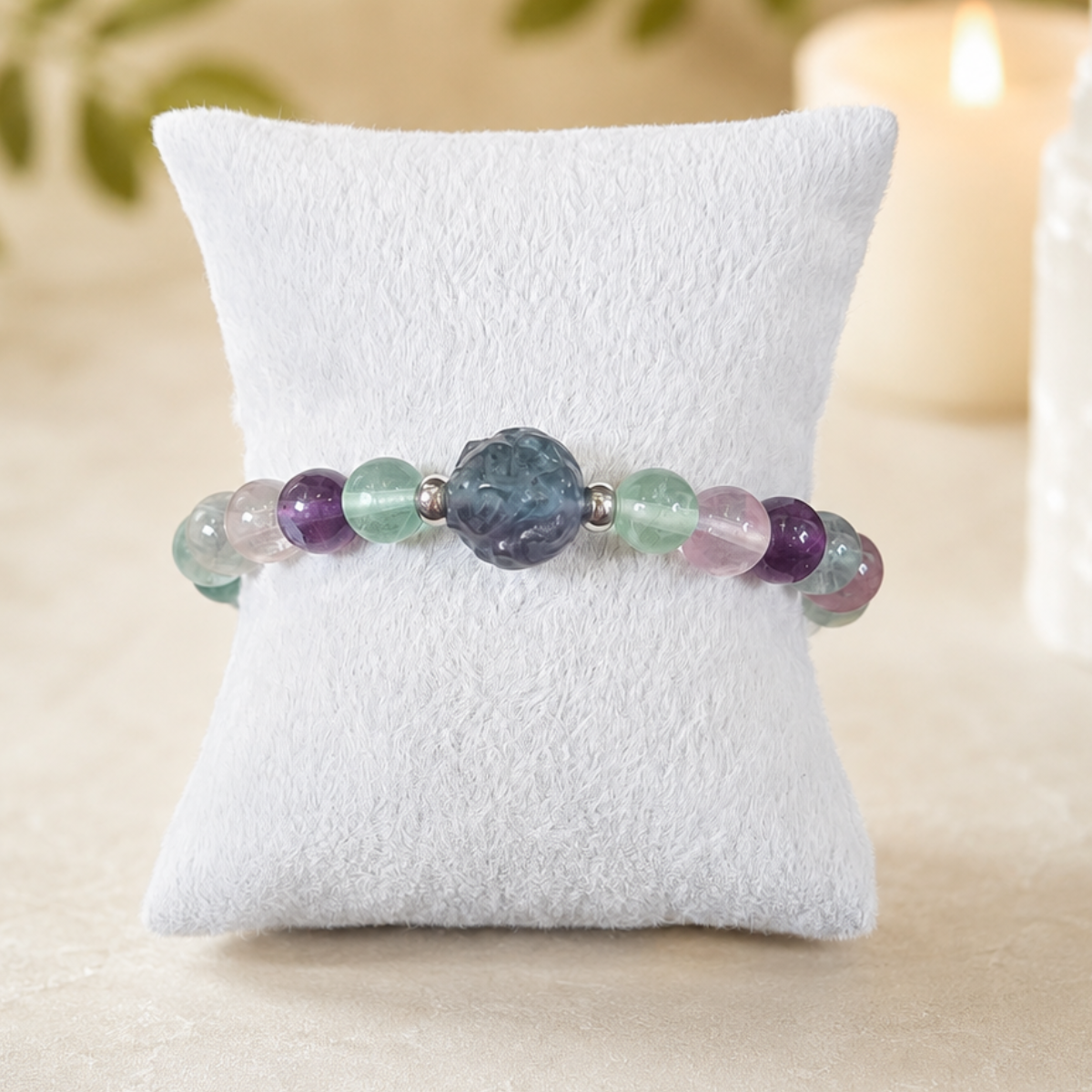8mm Fluorite 9 Tail Fox Charm Gemstone Bracelet
