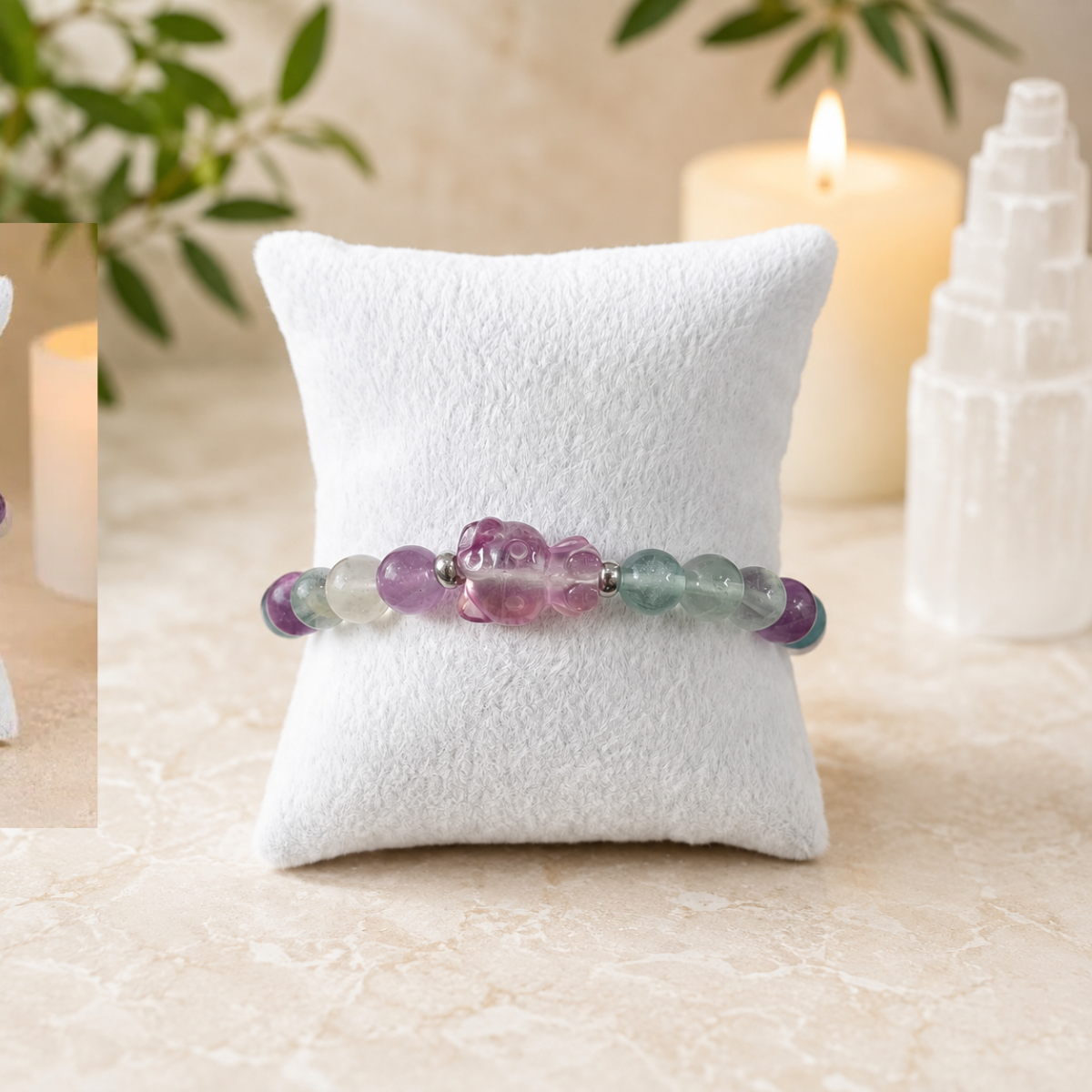 8mm Fluorite Hello Kitty Charm Gemstone Bracelet