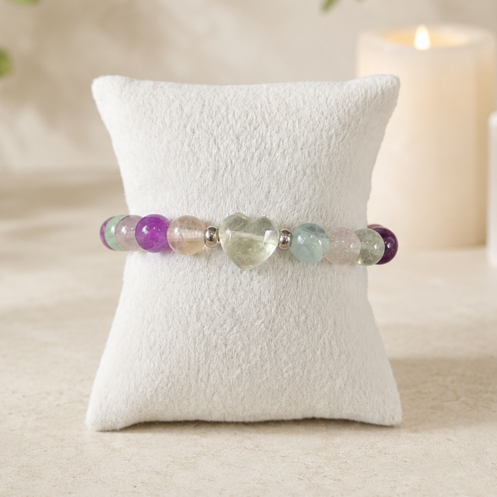 8mm Fluorite Faceted Heart Charm Gemstone Bracelet