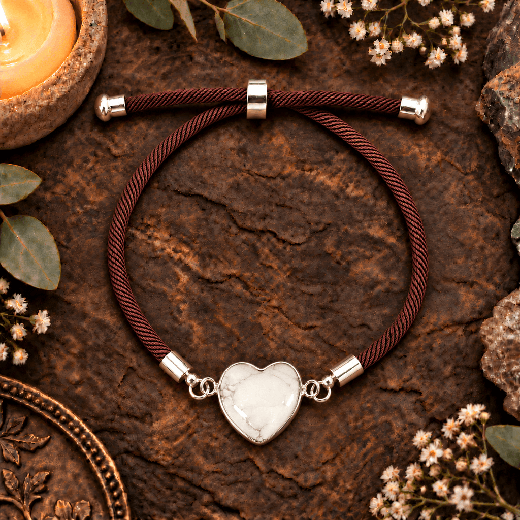 Adjustable White Howlite Heart Bracelet / Silver