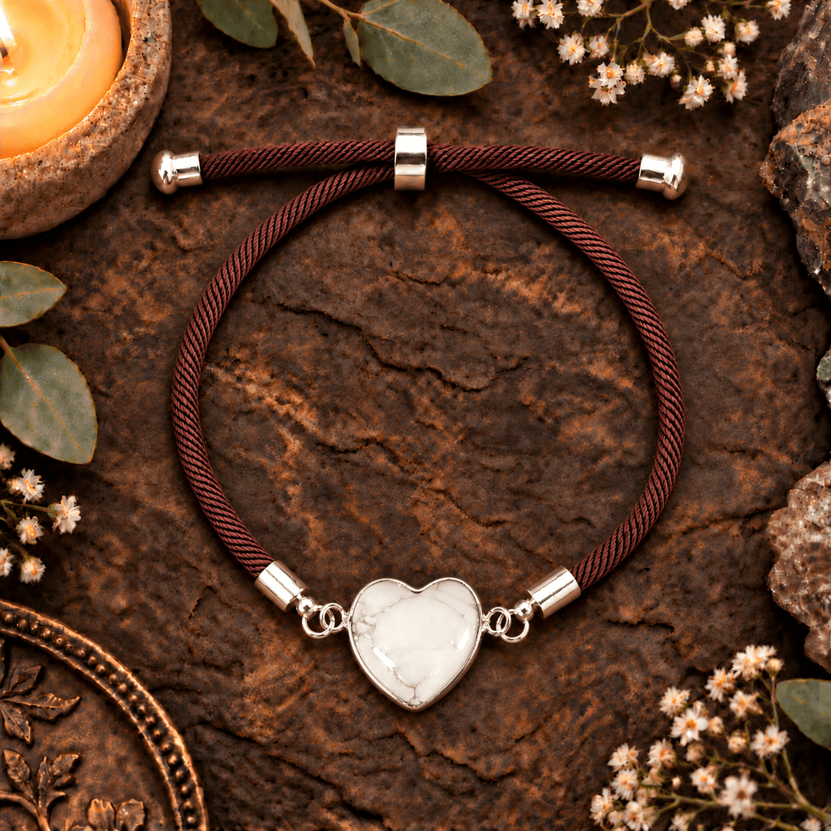 Adjustable White Howlite Heart Bracelet / Silver