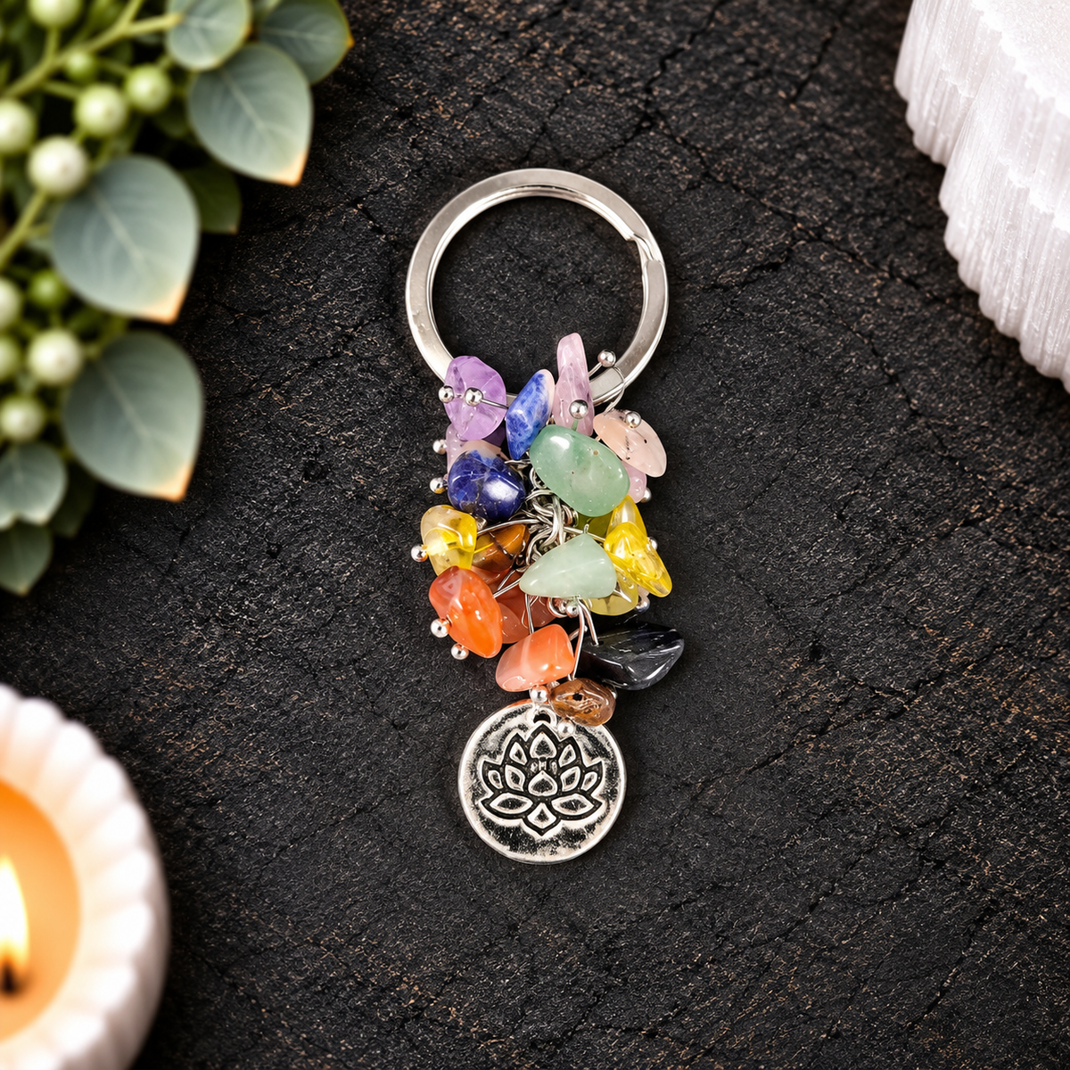 7cm Engraved Lotus Chakra Gemstone Keyring