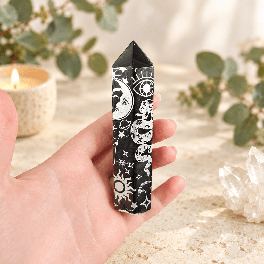 109g Silver Celestial Print Black Obsidian Tower