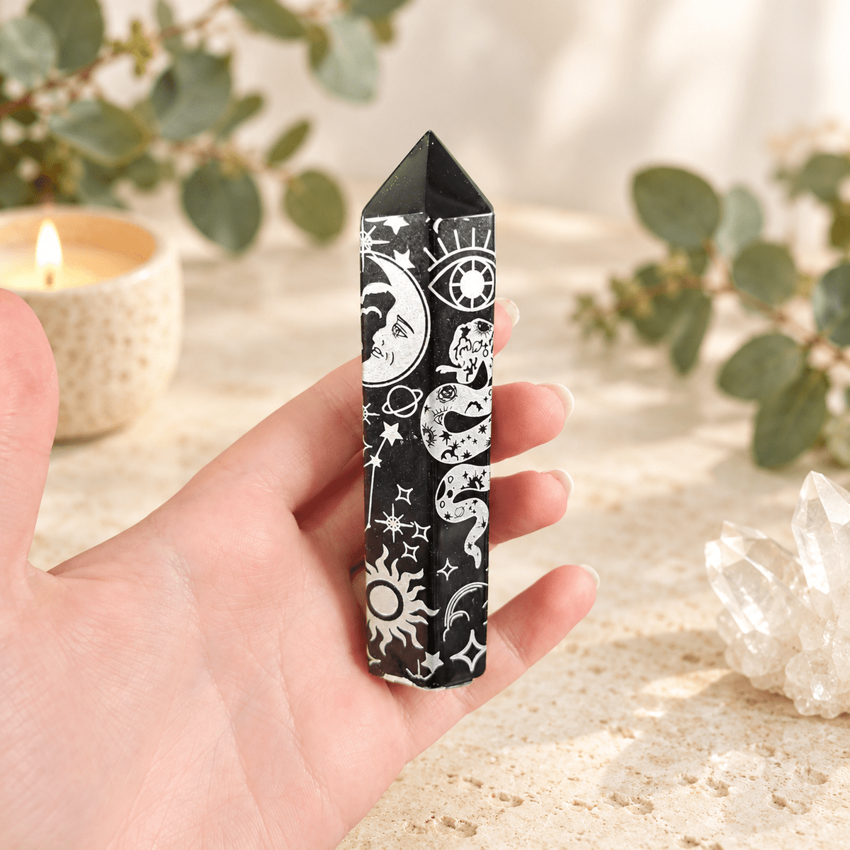 109g Silver Celestial Print Black Obsidian Tower