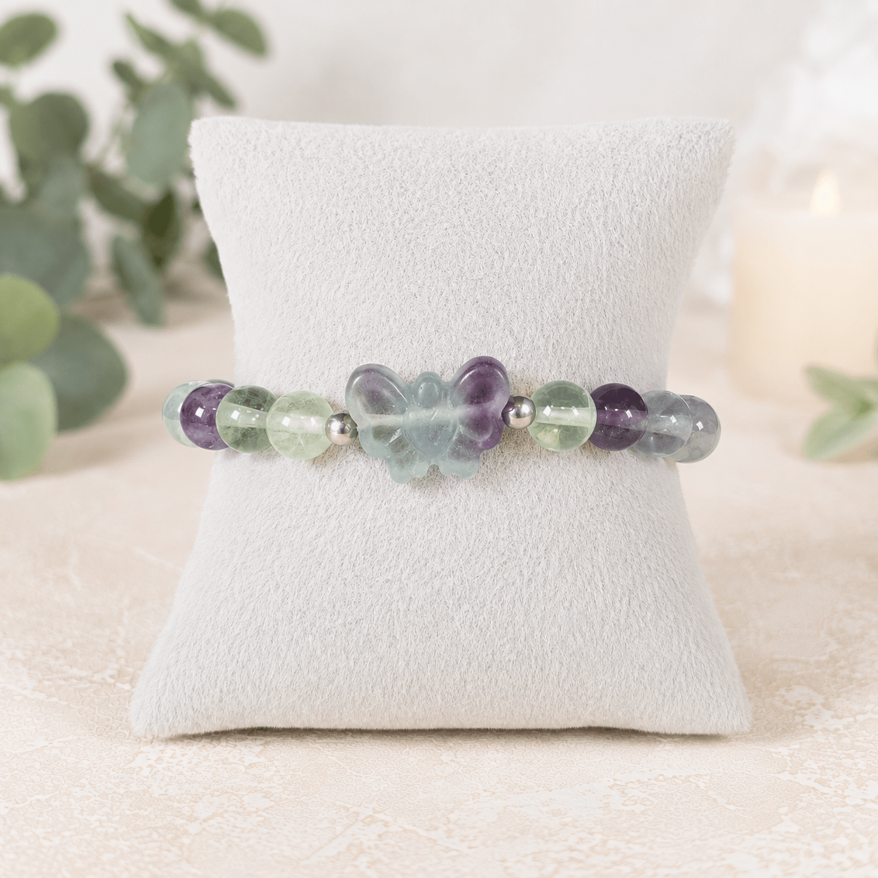 8mm Fluorite Butterfly Charm Gemstone Bracelet