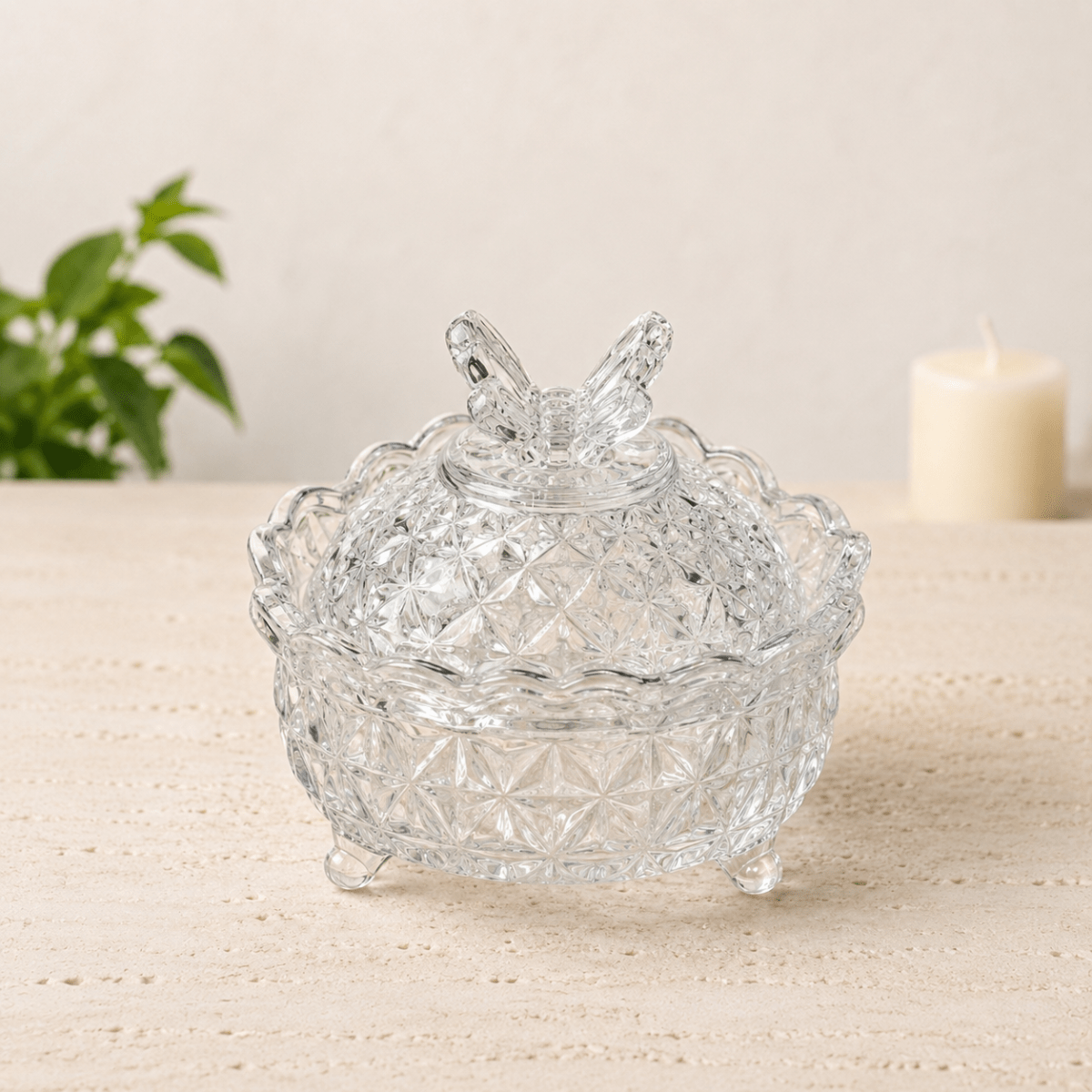 Clear Glass Butterfly Bowl with Lid