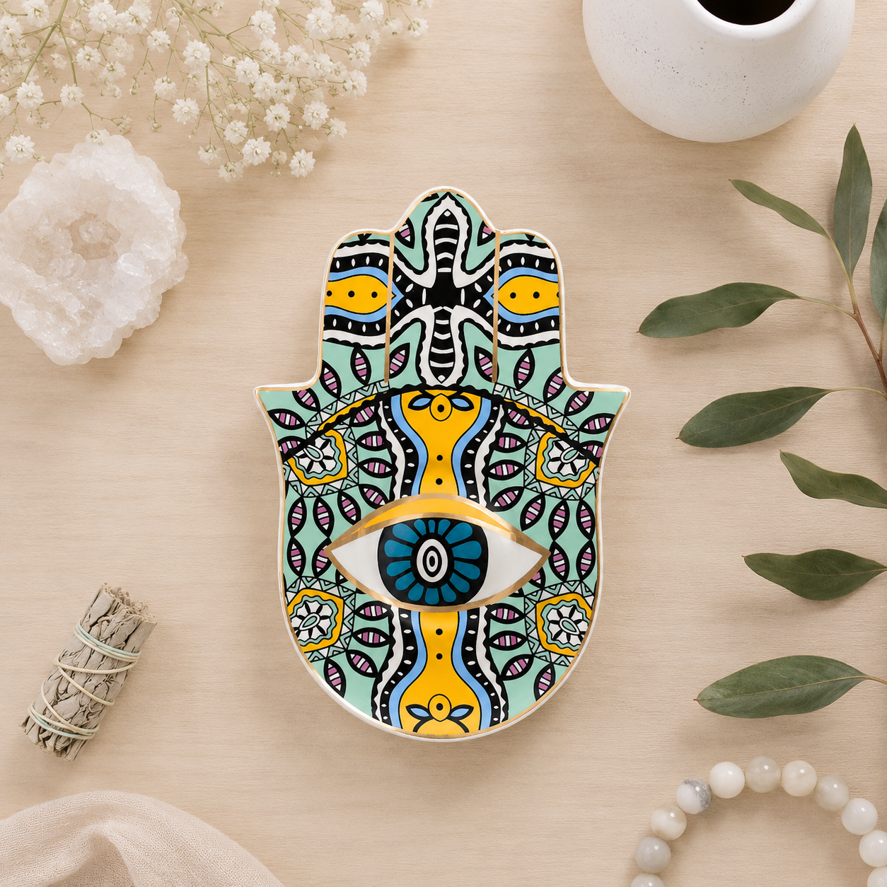 16cm Blue & Gold Hamsa Ceramic Trinket Dish