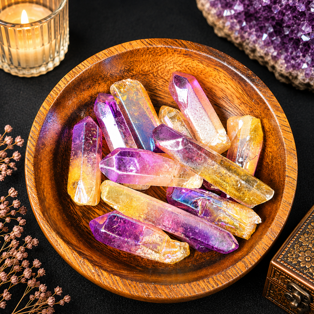 100g Aura Coated Quartz Pieces - Purple & Yellow