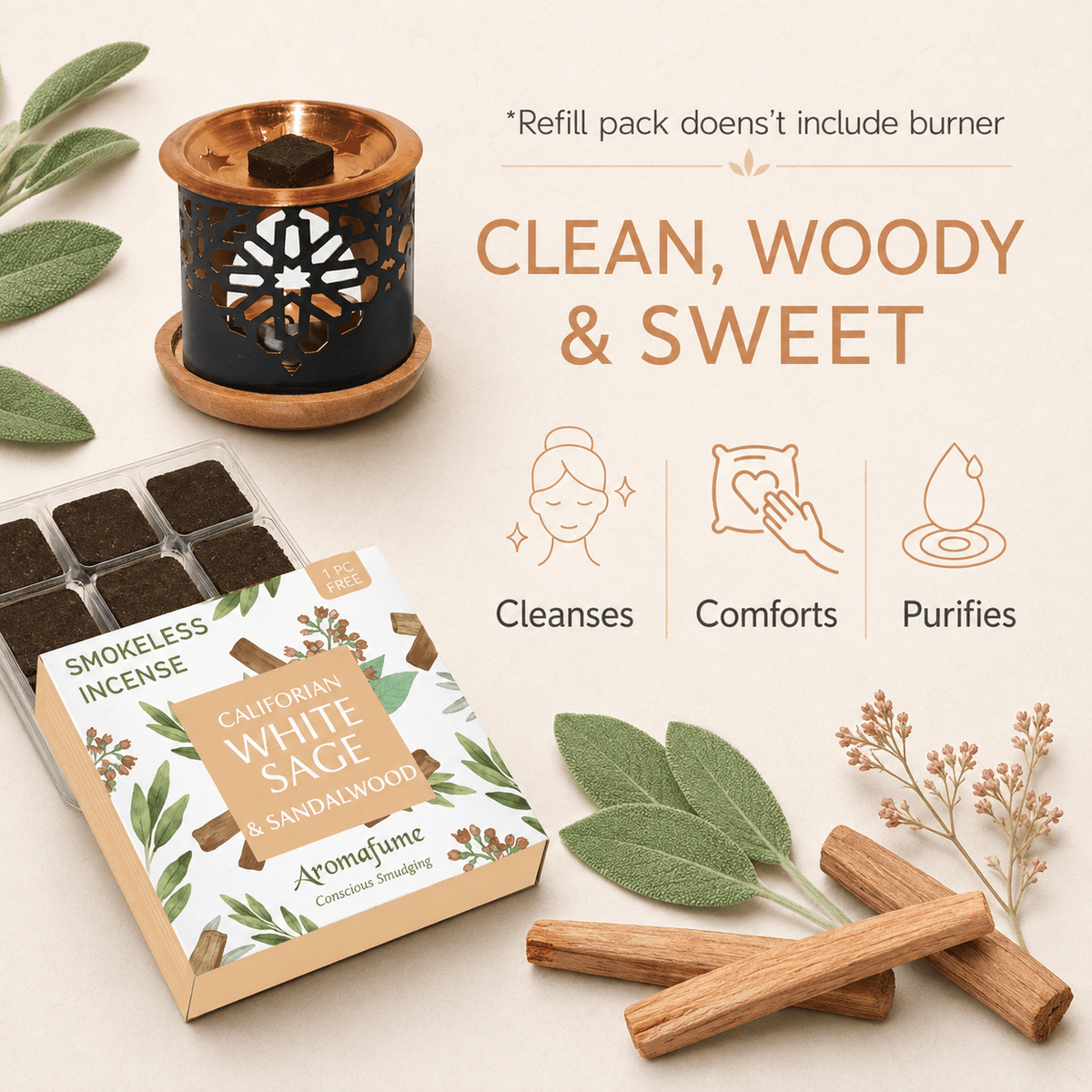 California White Sage & Sandalwood Incense Bricks Refill Pack