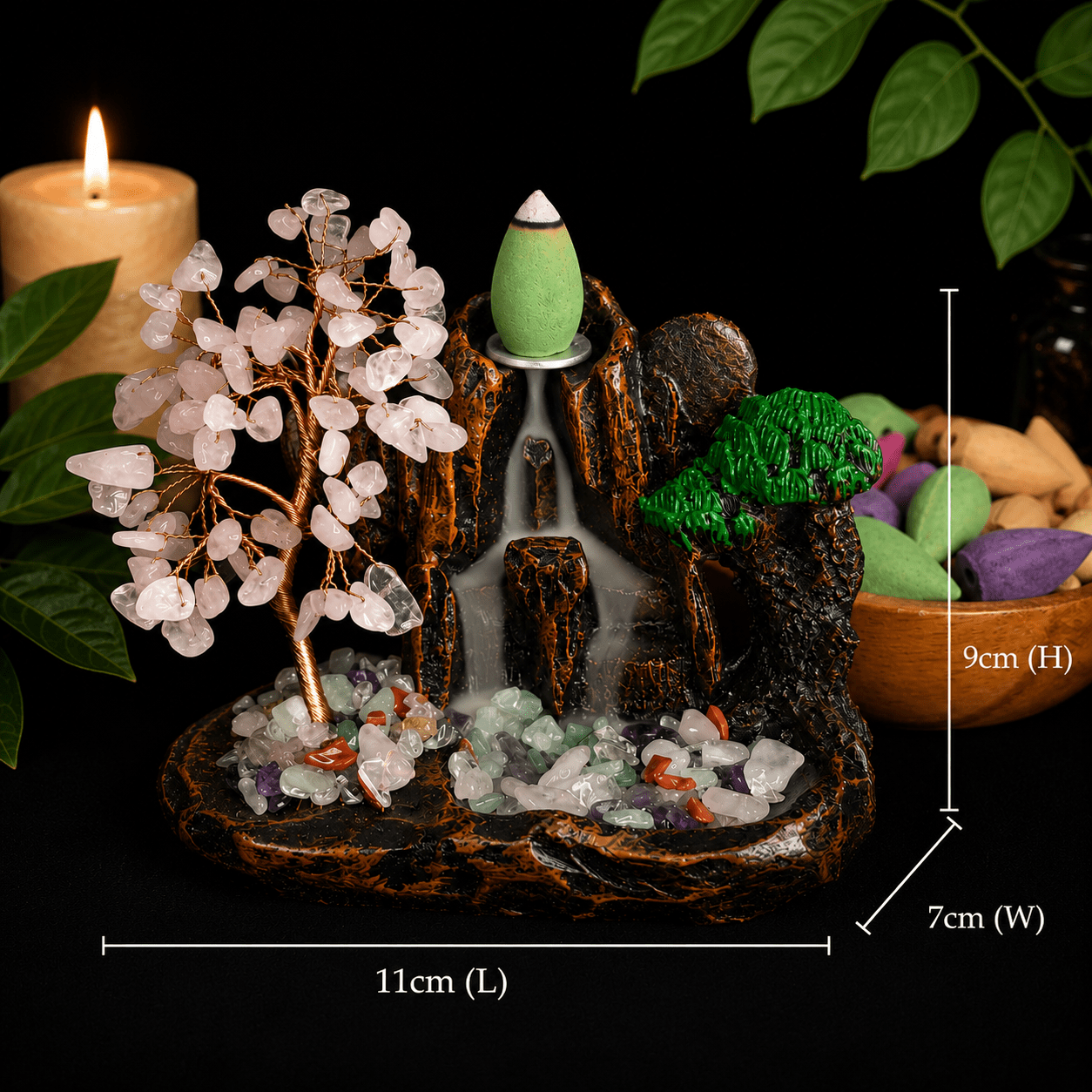 Rose Quartz Chip Waterfall Backflow Incense Burner & 40 Cones