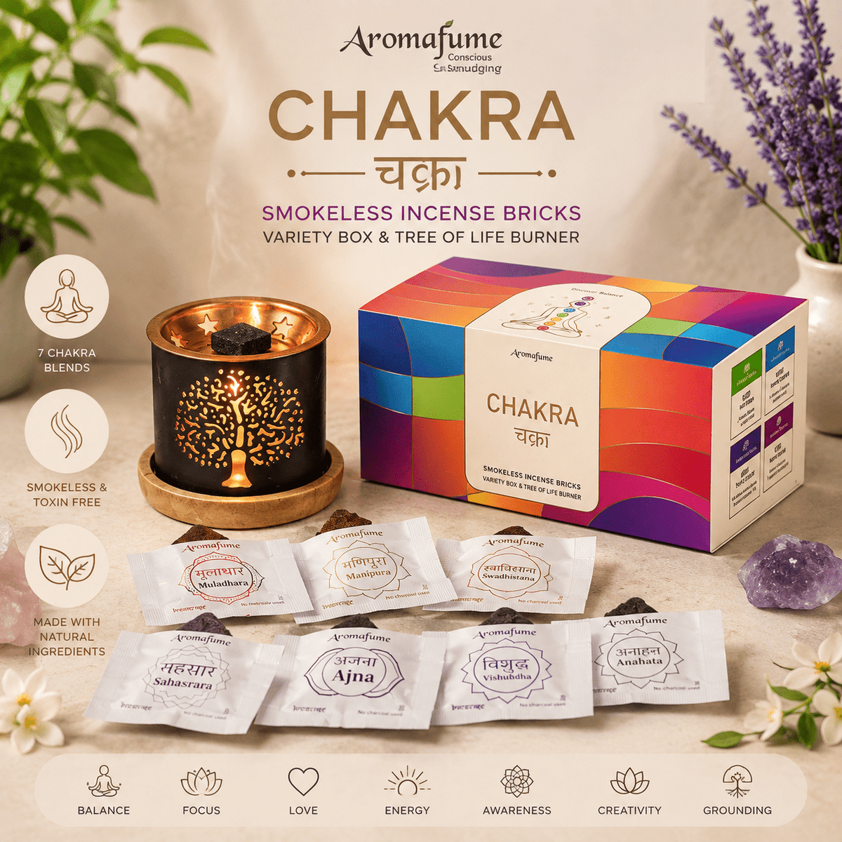 7 Chakra Incense Bricks Tree of Life Burner Gift Set