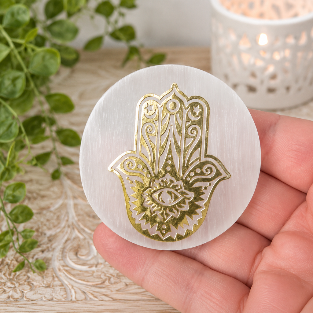6cm Gold Hamsa Selenite Plate with Stand
